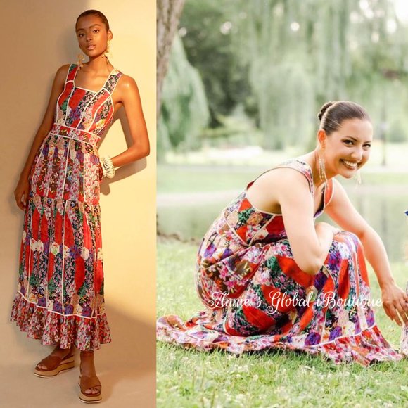 RARE NWT ANTHROPOLOGIE BHANUNI By JYOTI Square Neck Bohemian Maxi Dress. - Picture 14 of 16